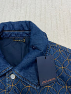 Denim jacket collar with inner lining and Louis Vuitton hang tag