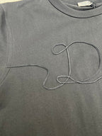 Dior T-shirt chest close-up, dark; large outlined Dior script embroidery