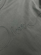 Dior T-shirt embroidery close-up, dark; outlined Dior script near chest