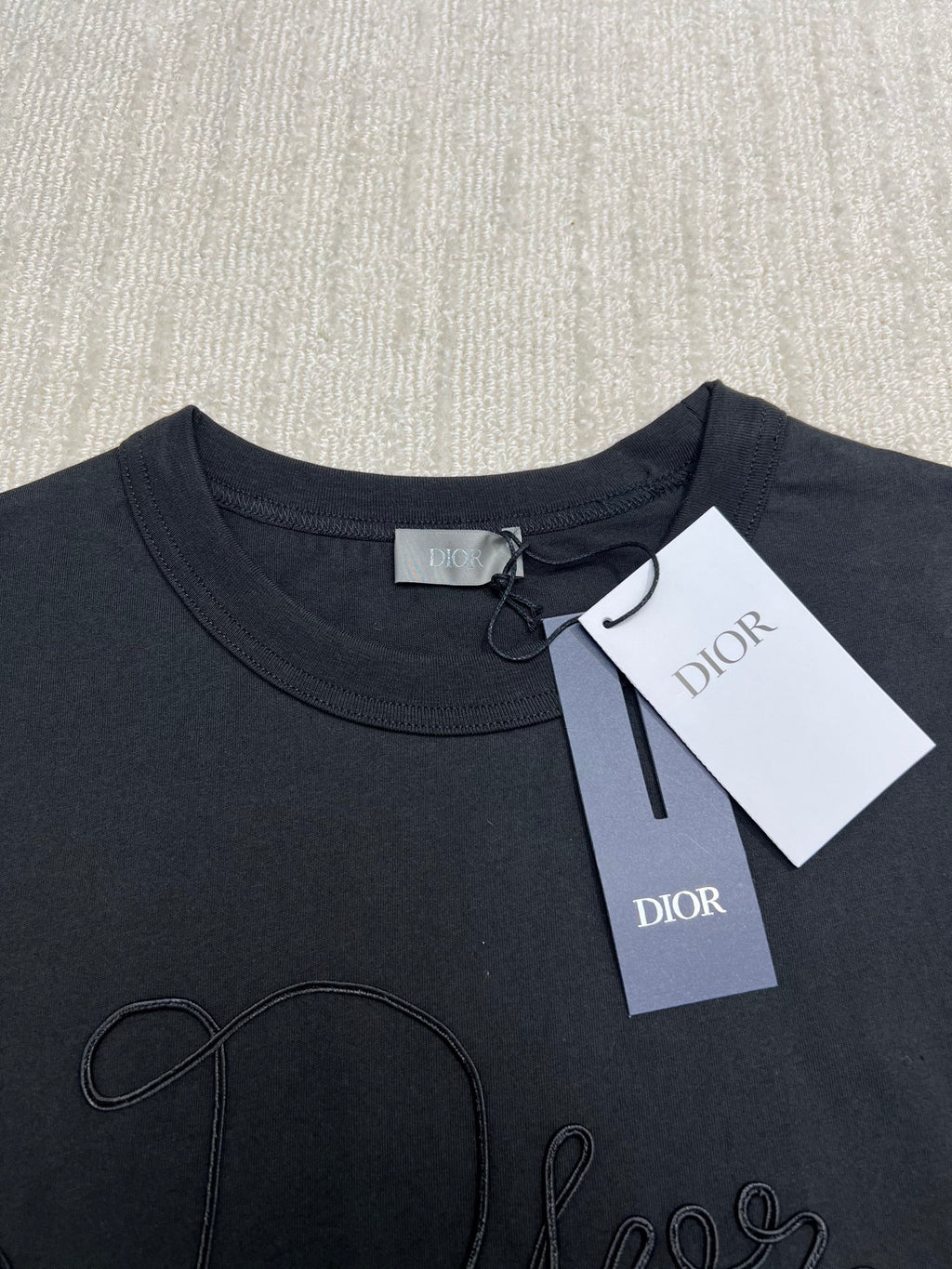 Dior T-shirt front close-up, dark crew neck; embroidered Dior script outline
