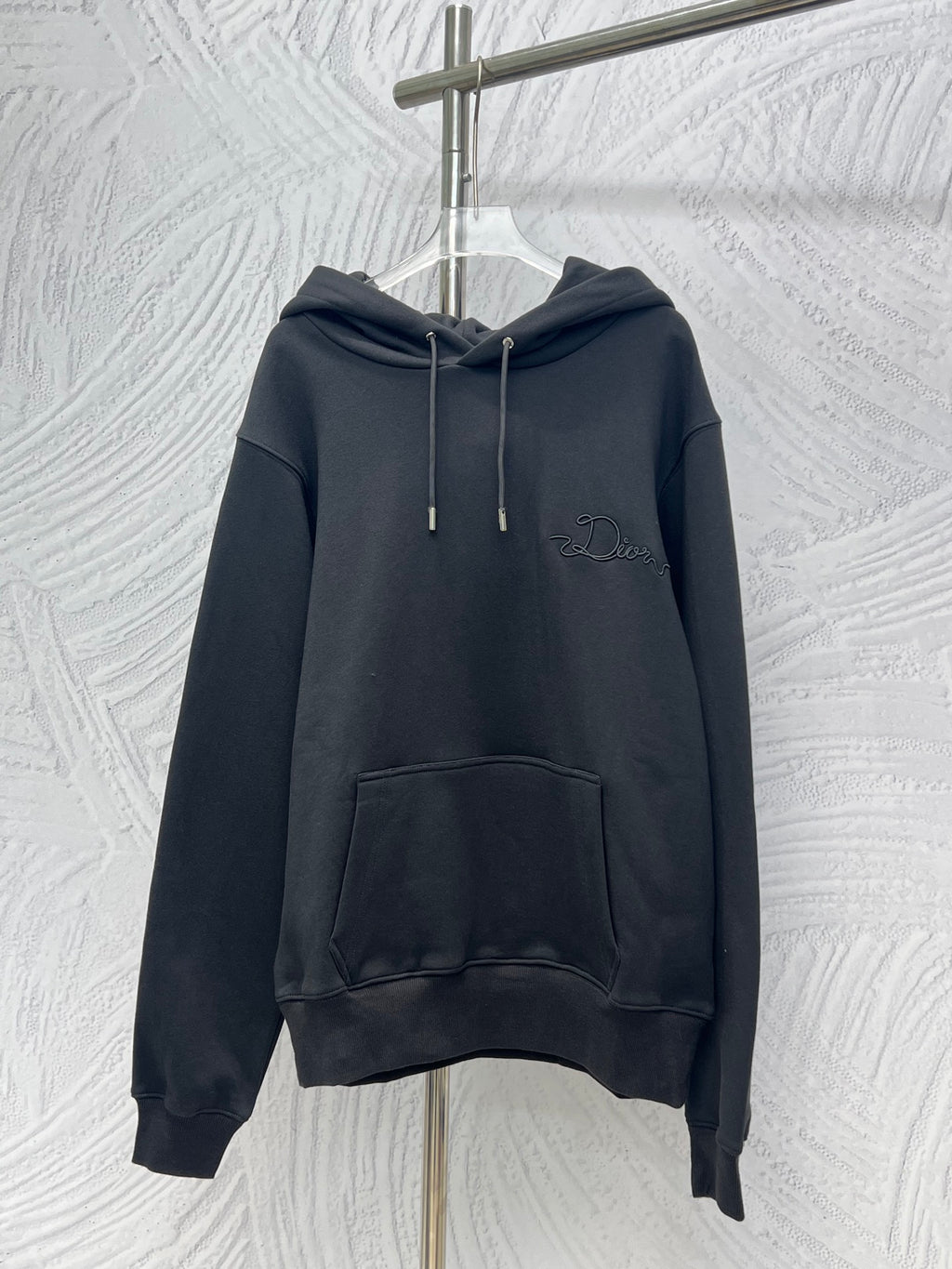 Dior long-sleeve hoodie in dark navy with front kangaroo pocket and drawstring hood