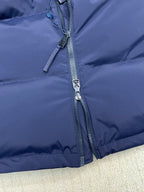 Long padded jacket, navy, front zip with logo zipper pull