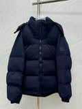Navy hooded puffer jacket with full zip and quilted panels, long sleeves
