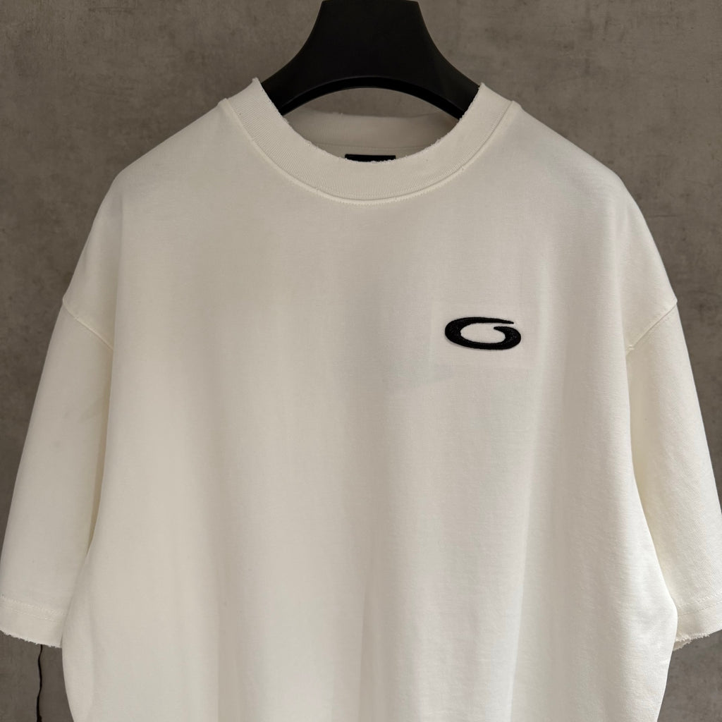 Balenciaga white T-shirt close-up of black chest logo