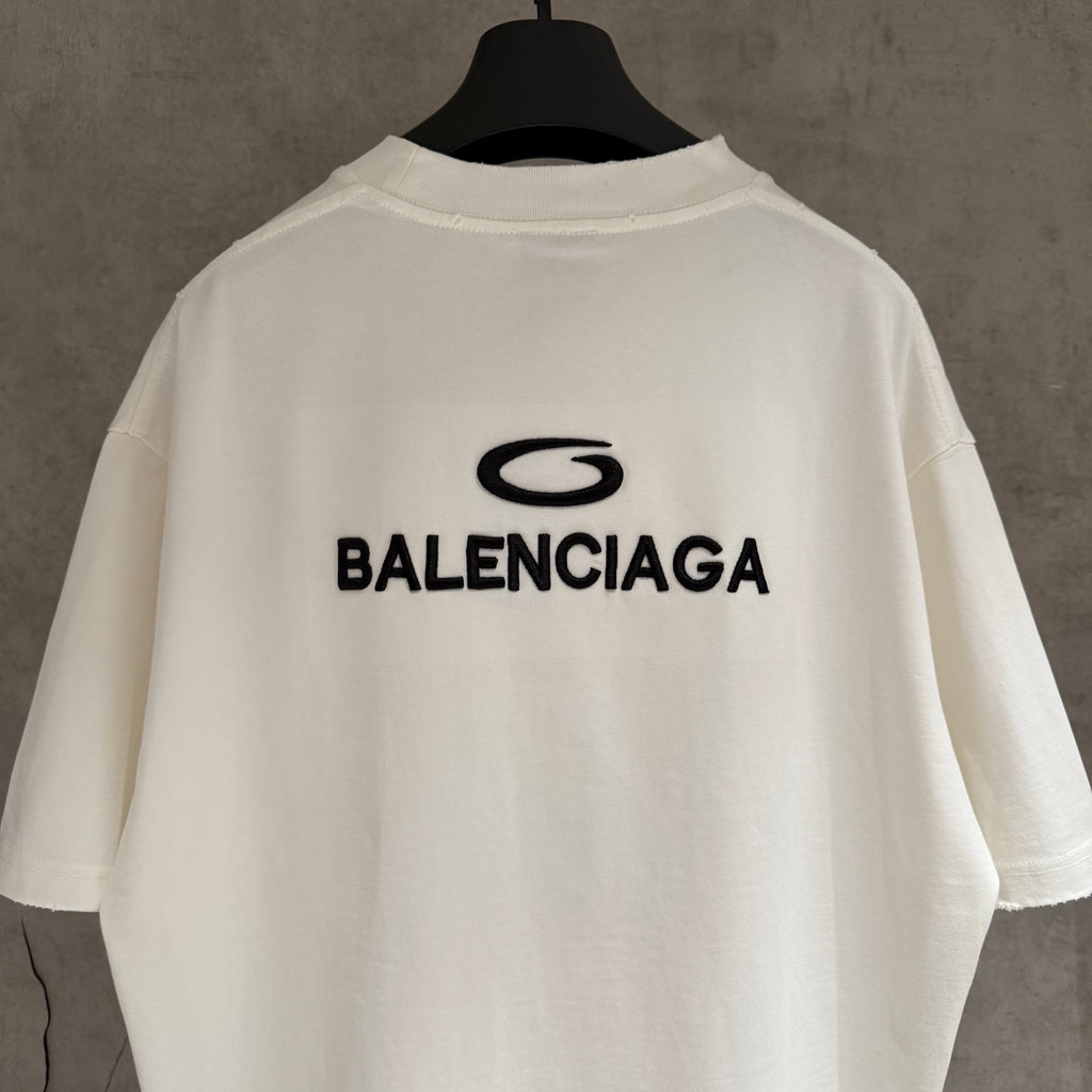Balenciaga white T-shirt back close-up with BALENCIAGA logo