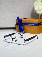 Black-rim square eyeglasses with clear lenses and dark logo temples