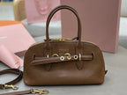 MiuMiu brown leather handbag with top handles and front logo plaque
