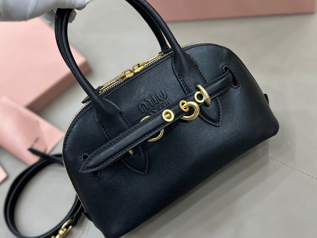 MiuMiu mini top-handle bag, black leather with bow detail and dangling strap