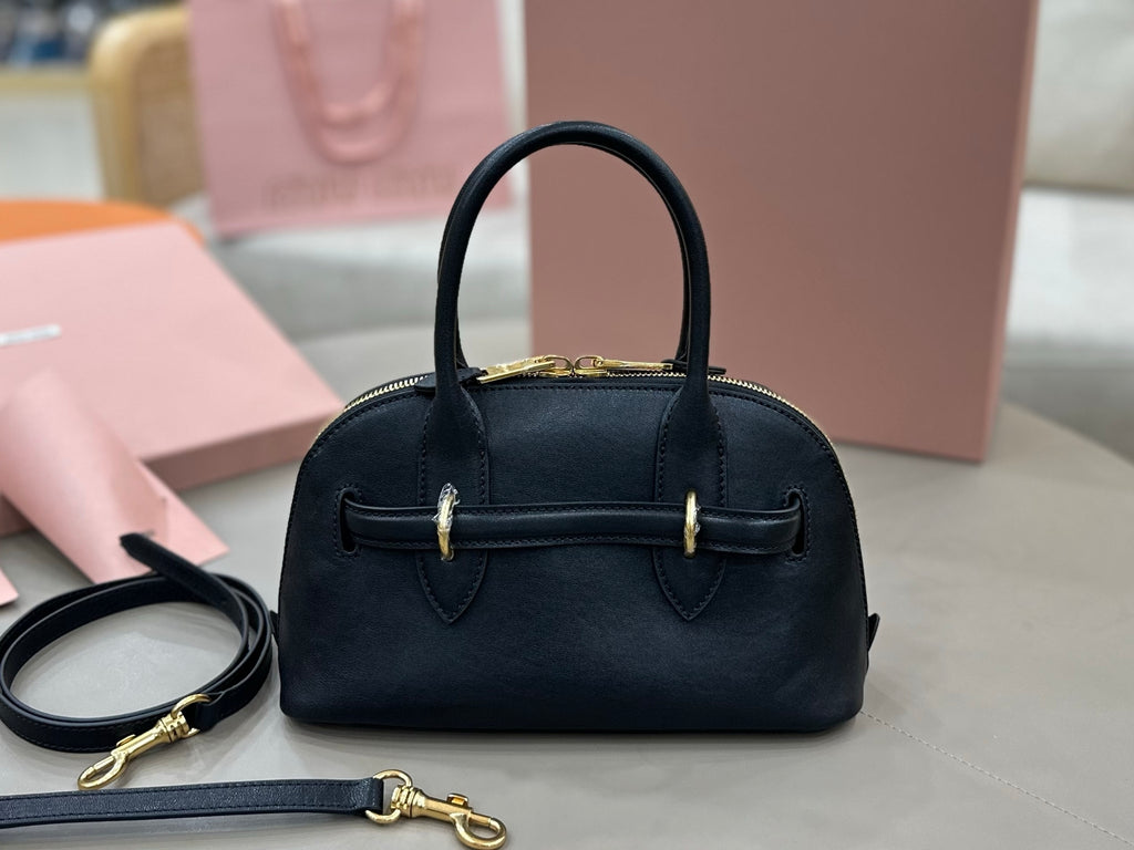 MiuMiu mini tote bag, black with curved top handles and gold-tone trim