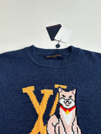 Navy Louis Vuitton crewneck sweater with cat graphic and yellow LV letters on chest