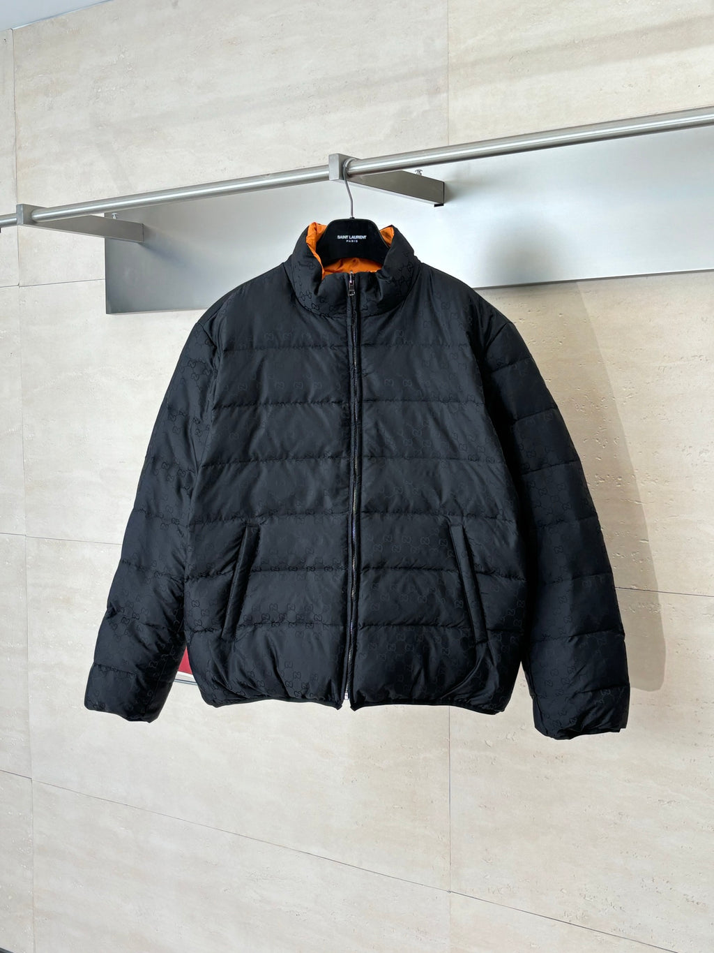 Gucci long puffer jacket in dark navy, full-zip front and stand collar