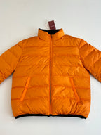 Gucci long puffer jacket in bright orange, full-zip front with quilted panels