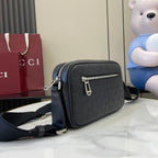 Gucci crossbody bag in dark blue with embossed GG pattern, silver zipper and strap