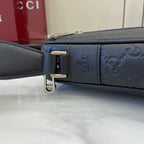 Gucci crossbody strap end with metal buckle and embossed monogram bag edge