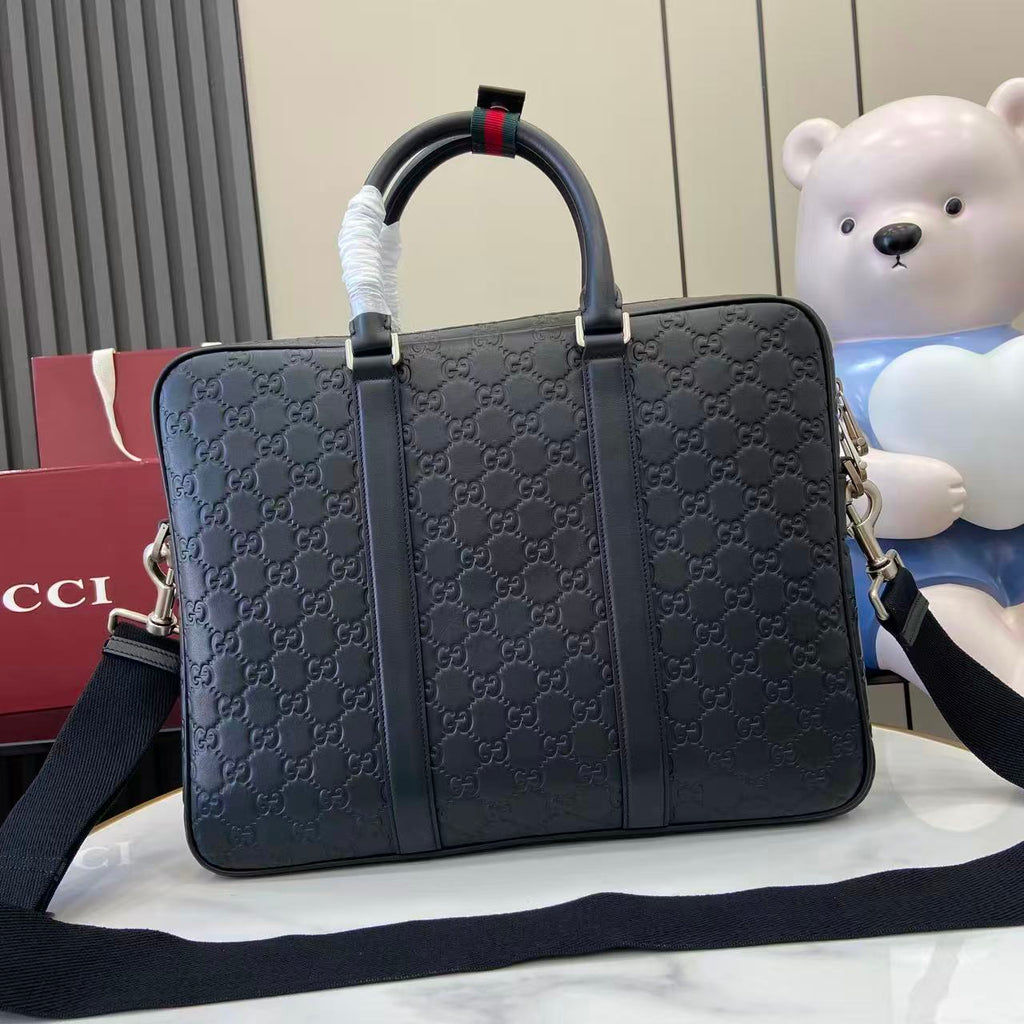 Gucci handbag, navy GG monogram, striped handle wrap, shoulder strap