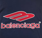 Balenciaga logo patch on navy sweatshirt in red and white