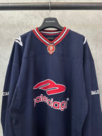 Balenciaga navy sweatshirt with red logo on chest and striped V-neck collar