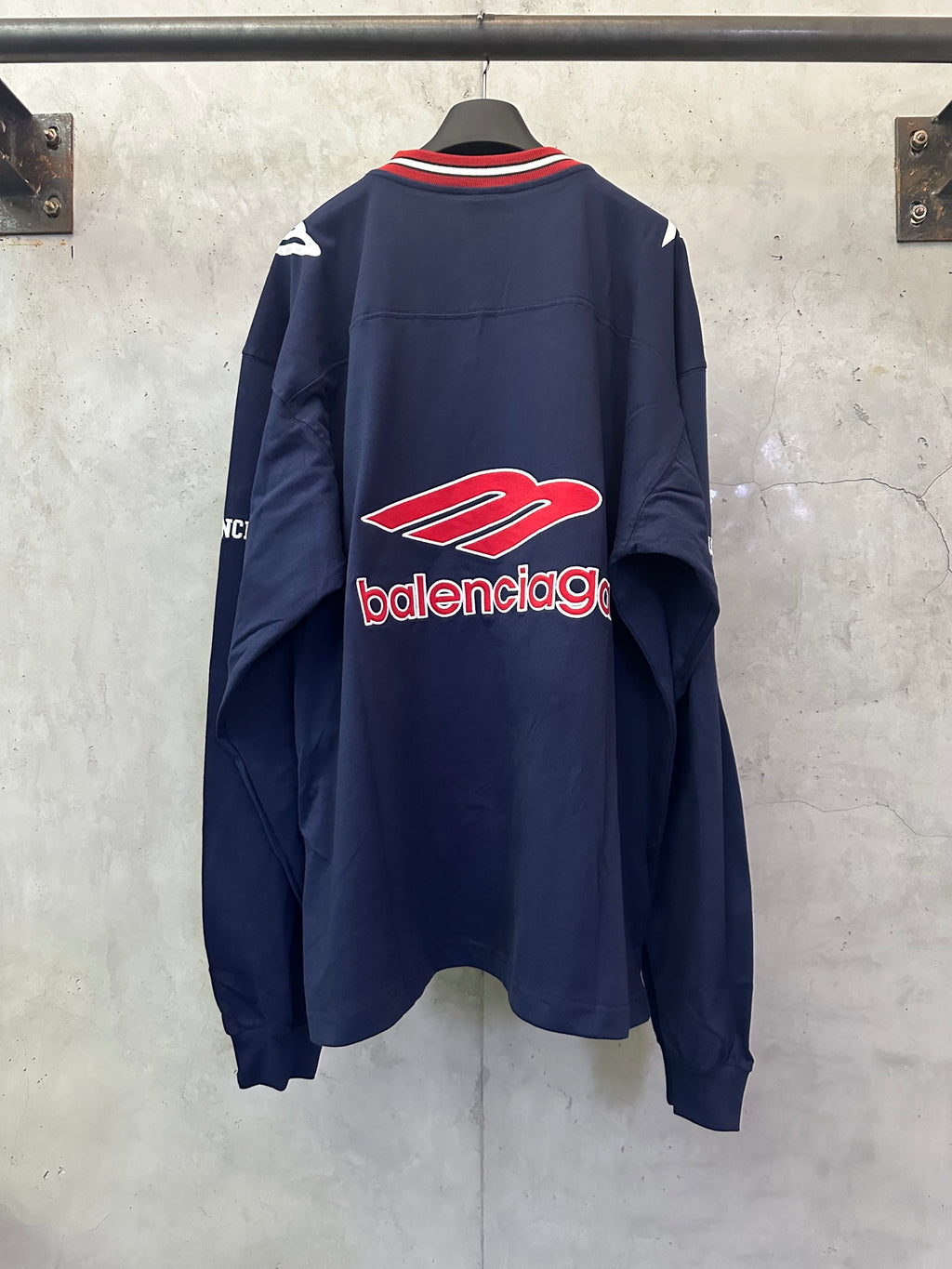Balenciaga navy long-sleeve sweatshirt, back logo print and striped collar