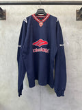 Balenciaga navy long-sleeve sweatshirt with red logo and striped ribbed collar