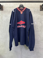 Balenciaga navy long-sleeve sweatshirt with red logo and striped ribbed collar