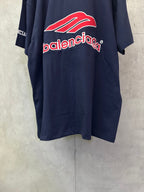 Navy short-sleeve polo shirt with red Balenciaga graphic logo on back