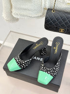 Pointed mule heels with black base, white spots, mint green patent toe
