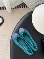 Turquoise ballet flats with bow, rounded toe, Chanel logo on insole