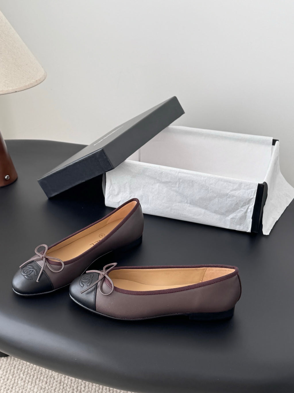 Chanel ballet flats in dark gray with mauve bow, round toe