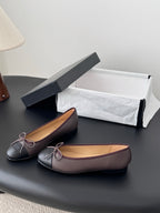 Chanel ballet flats in dark gray with mauve bow, round toe