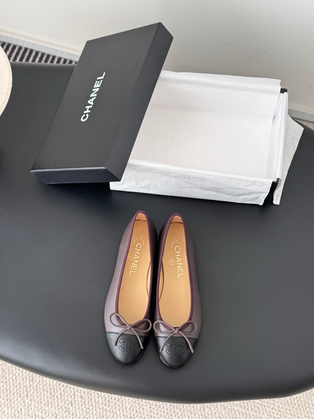 Chanel two-tone ballet flats with bow and logo, round toe