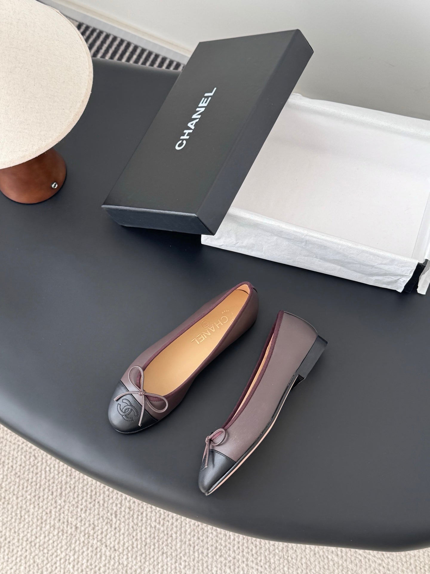 Chanel logo ballet flats with bow, rounded toe and low profile