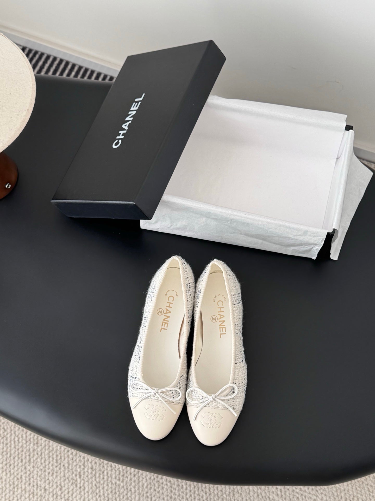 Cream tweed ballet flats with lace-up bows and Chanel-style embroidery