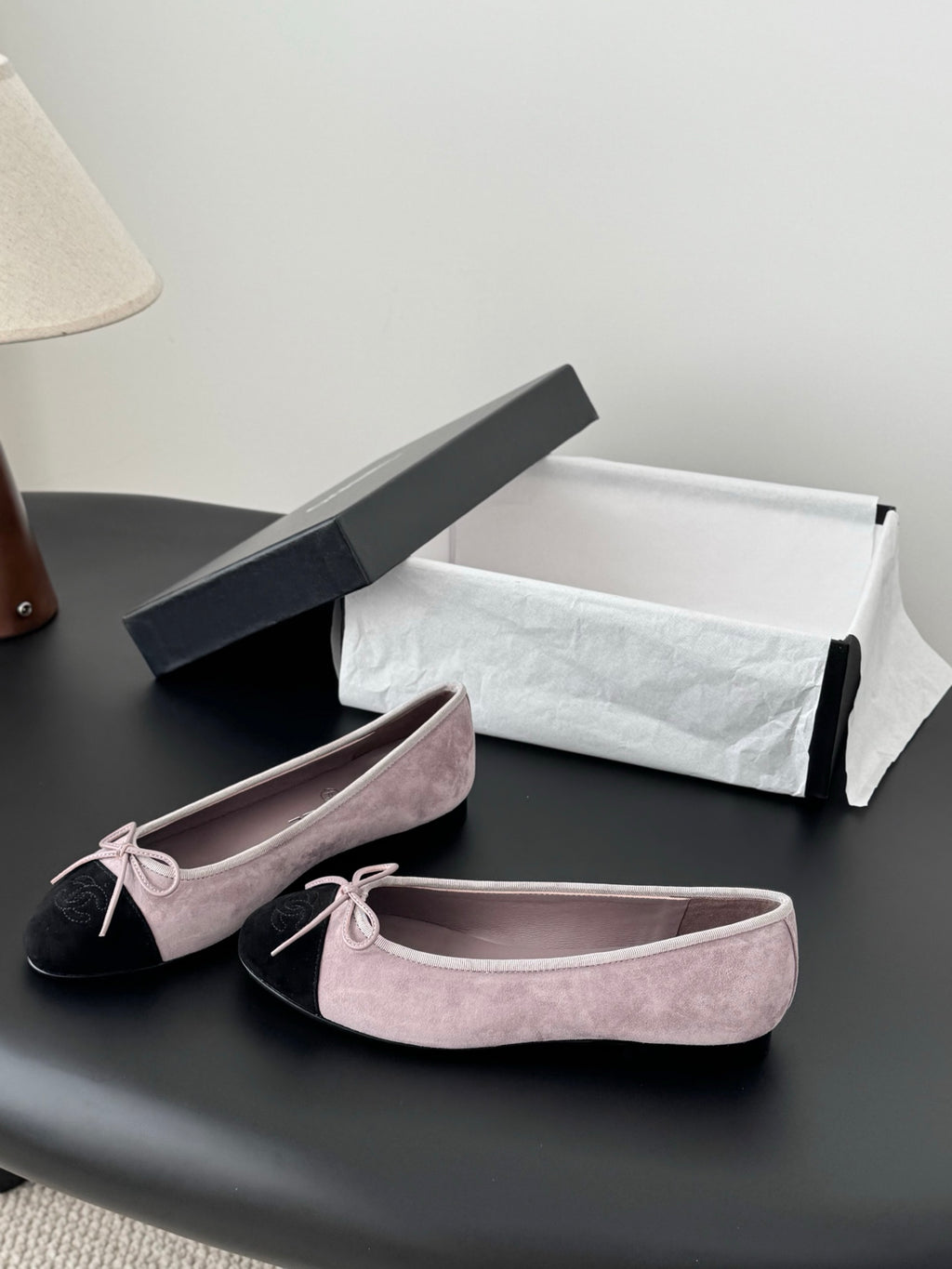 Chanel ballet flats in mauve suede with black toe cap and pink lace bow