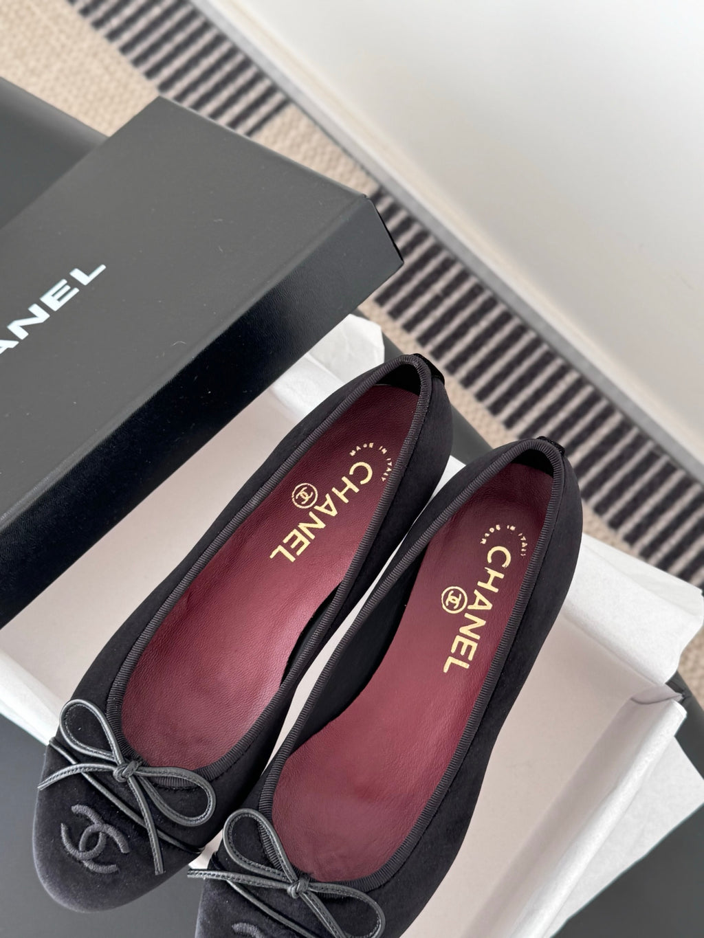 Chanel womens ballet flats, dark fabric, lace-up ribbon bows, with white shoebox