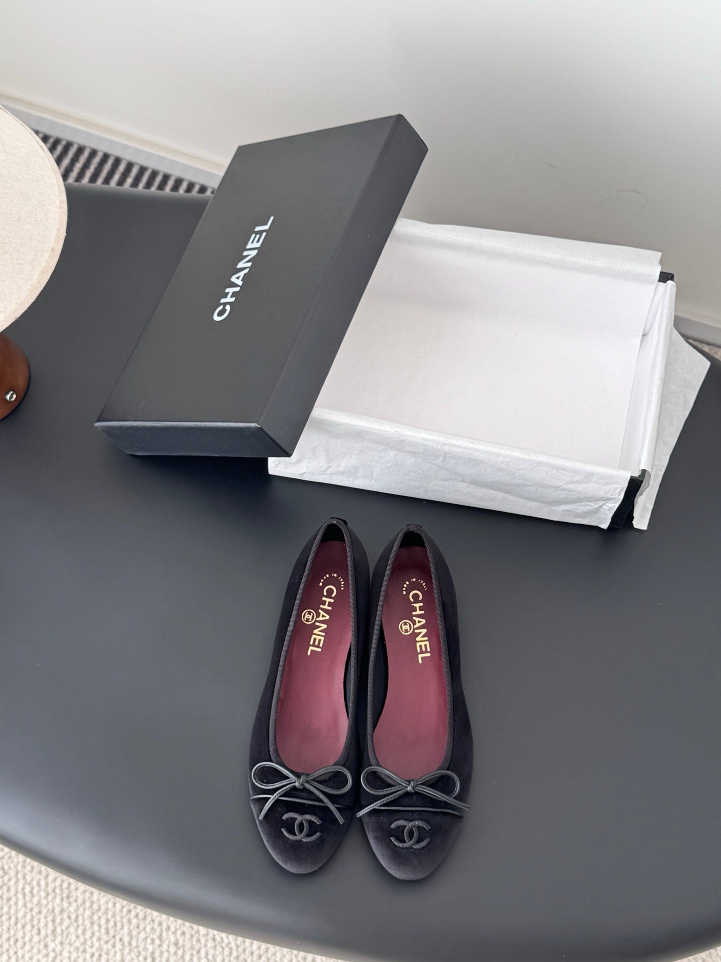 Chanel womens ballet flats, dark fabric, lace-up ribbon bows, pointed toe