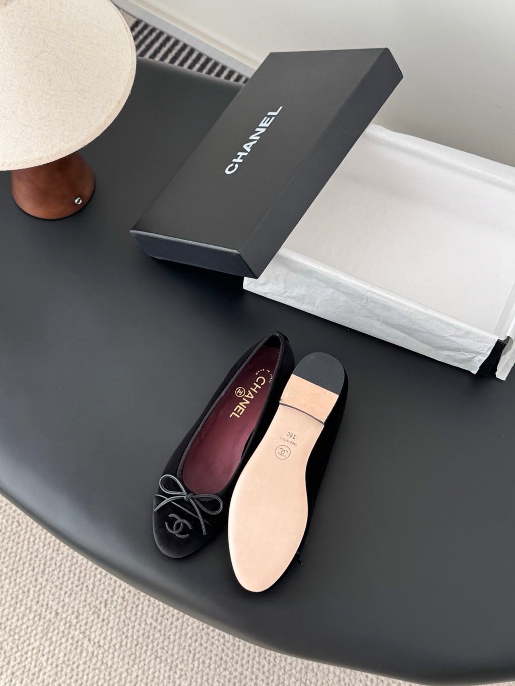 Chanel womens ballet flats, dark and light pointed flats, lace-up ribbon bows