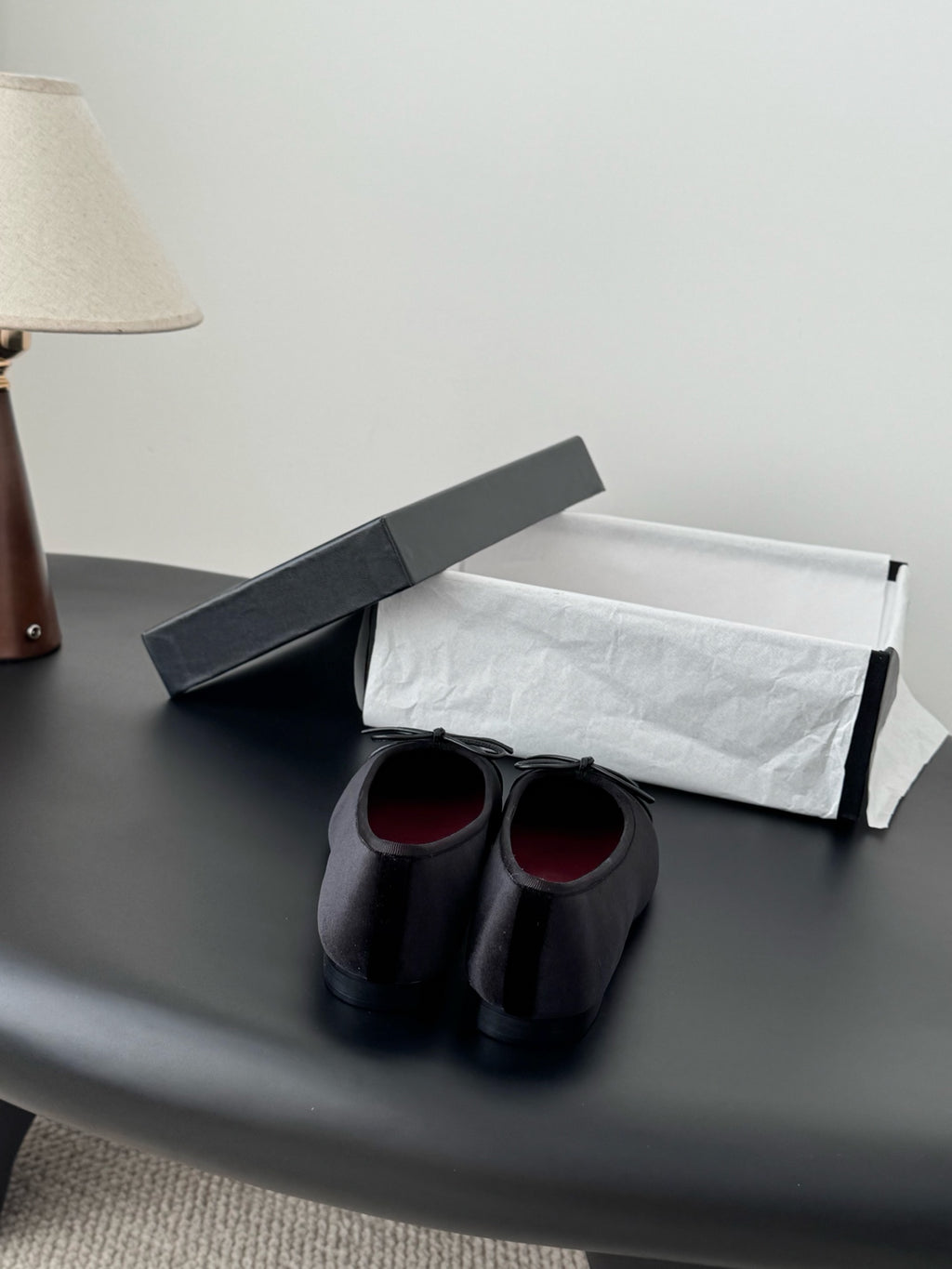 Chanel womens ballet flats, dark fabric, lace-up ribbon bows, pair with box