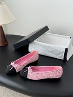 Chanel ladies pink tweed ballet flats with bow at vamp
