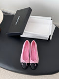 Chanel ladies pink tweed ballet flats with black toe and bow detail