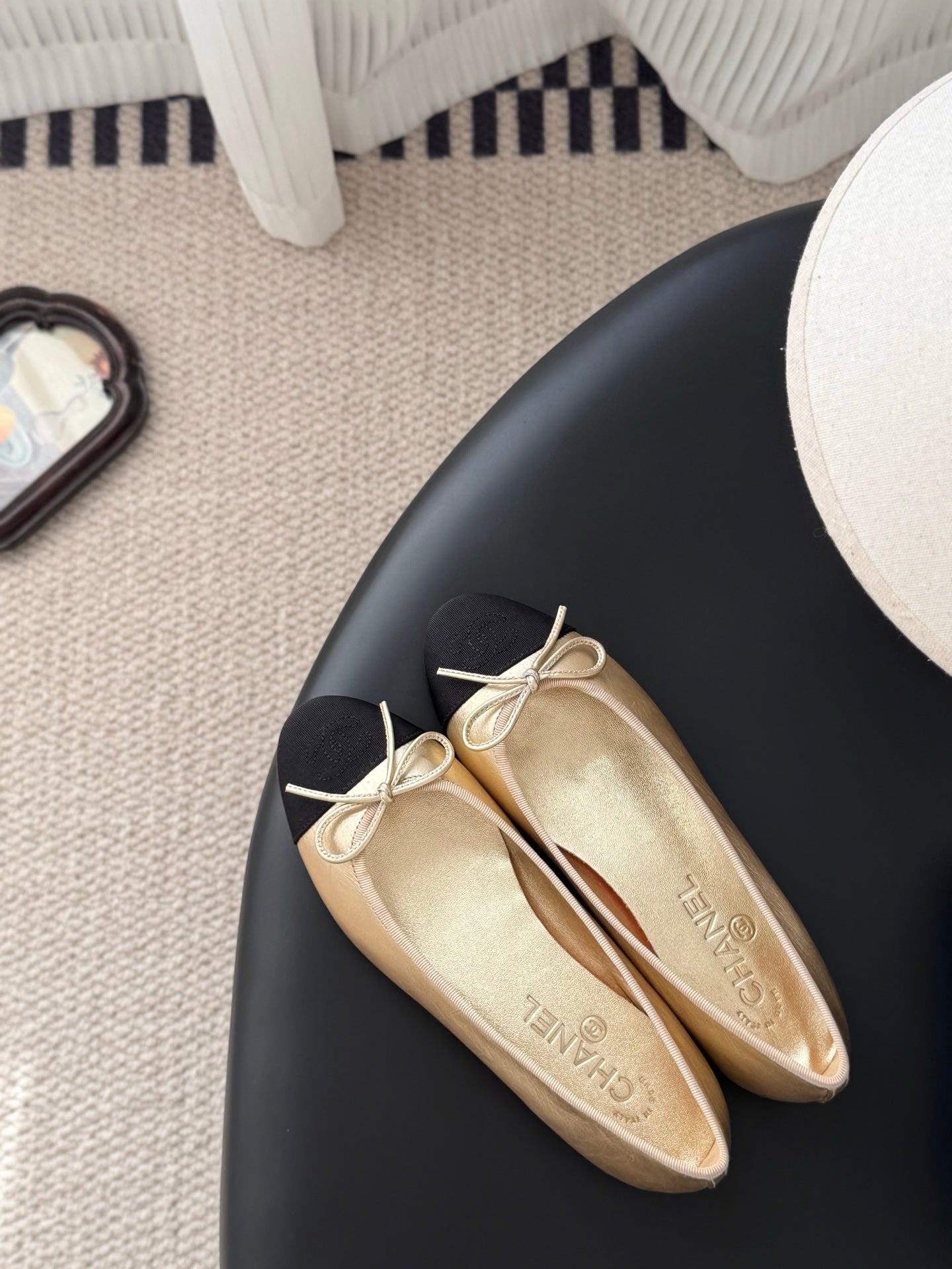 Chanel ladies ballet flats, beige with black toe, lace bows on top