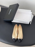 Chanel ladies ballet flats, beige with black toe, lace bow detail