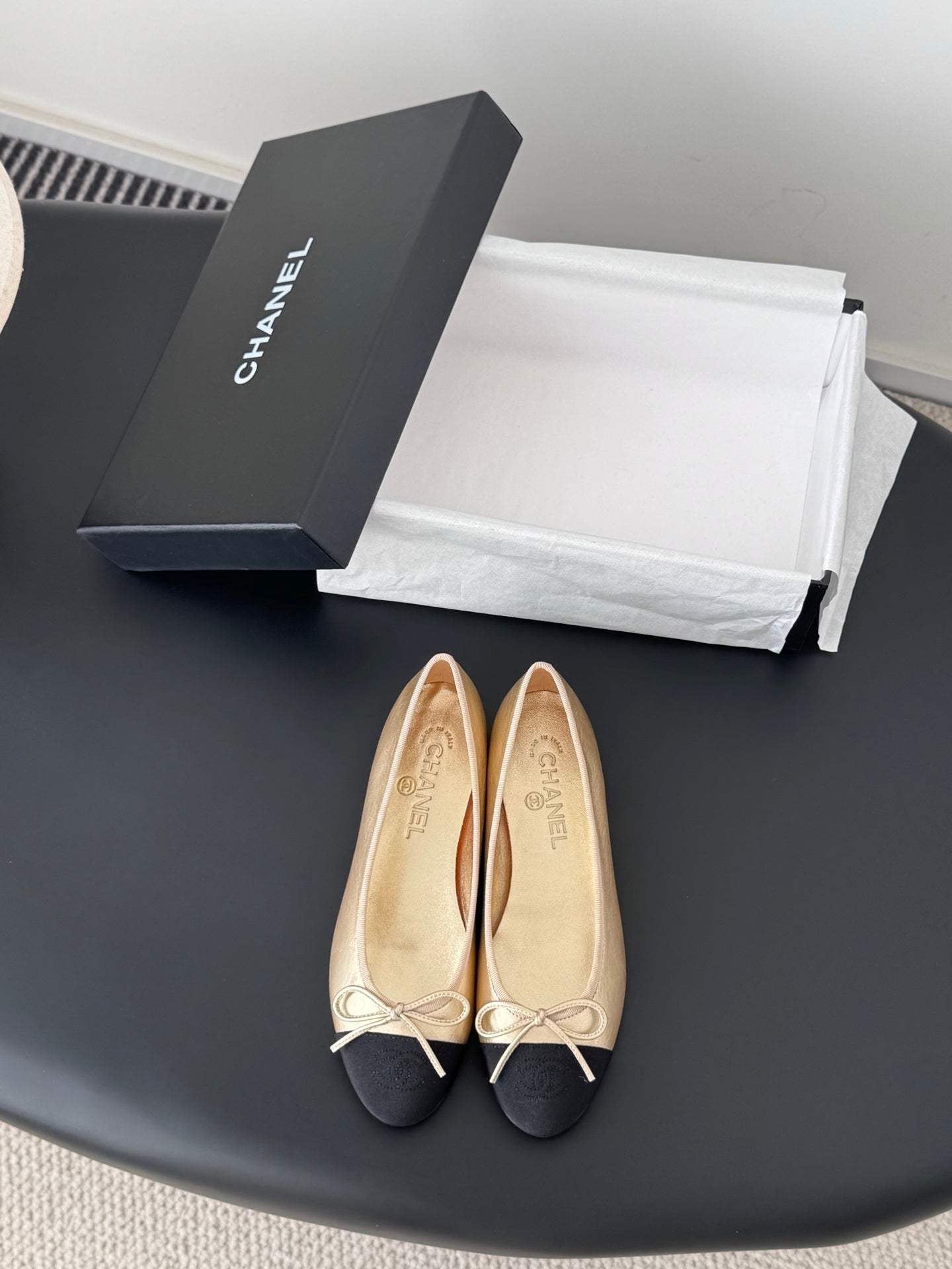 Chanel ladies ballet flats, beige with black toe, lace bow detail