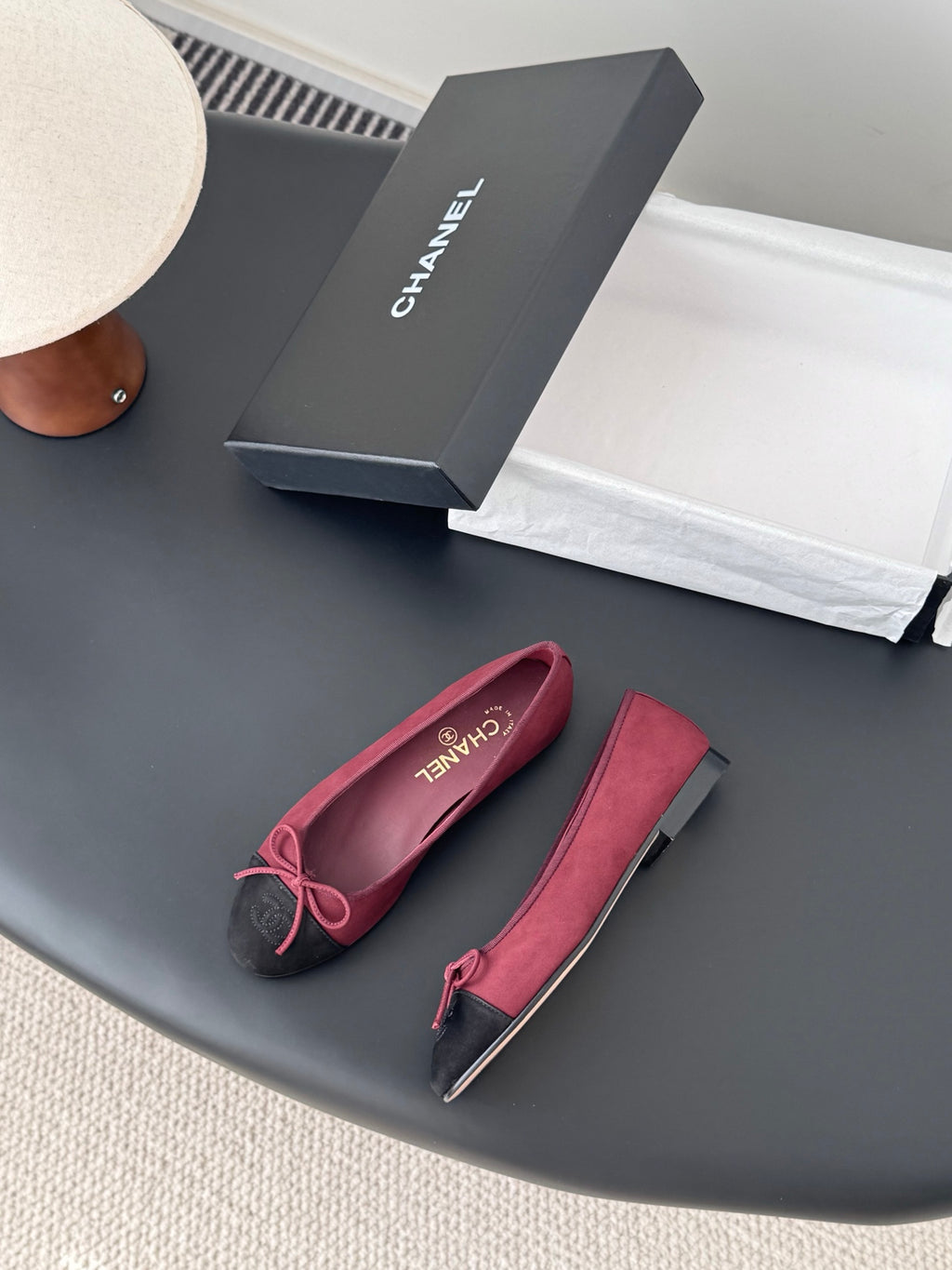 Chanel ballet flats set: burgundy uppers with black toe cap and pink bow