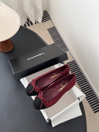 Chanel ballet flats inside box, burgundy fabric with black toe cap and pink bow