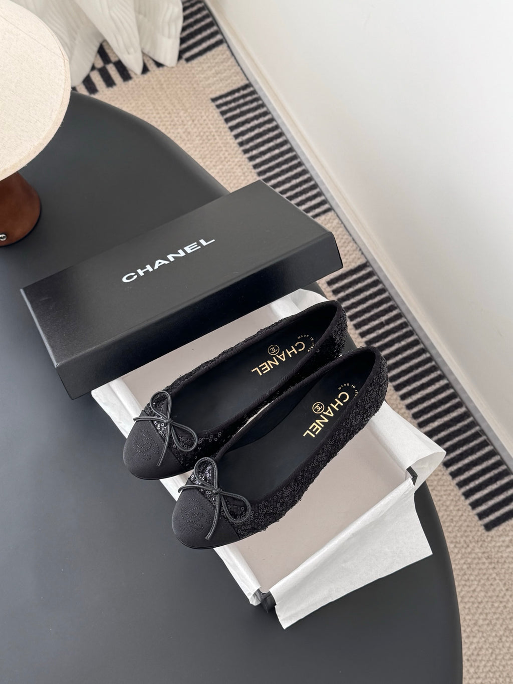 Chanel ladies dark glitter ballet flats pair with bow ties and round toe