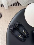 Chanel ladies dark glitter ballet flats with bow ties and CHANEL logo on insole