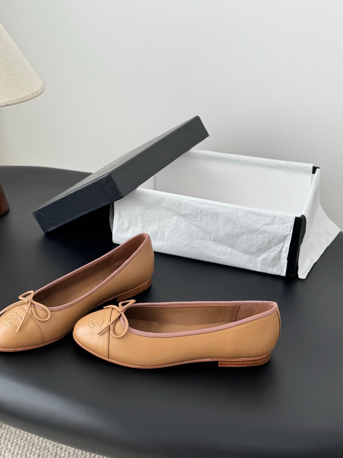 Tan Chanel ballet flats with bow at vamp, round toe