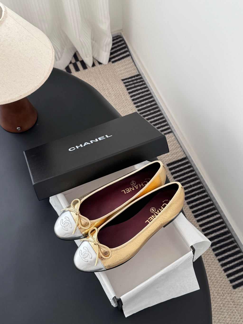 Gold and cream ballet flats with bow ties, with Chanel gift box and wrap