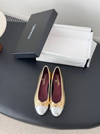 Chanel ladies ballet flats in gold and cream with bow-tie laces
