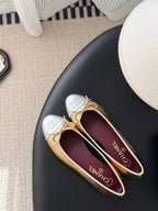 Two-tone ballet flats with bow ties, round toe, and burgundy inner lining